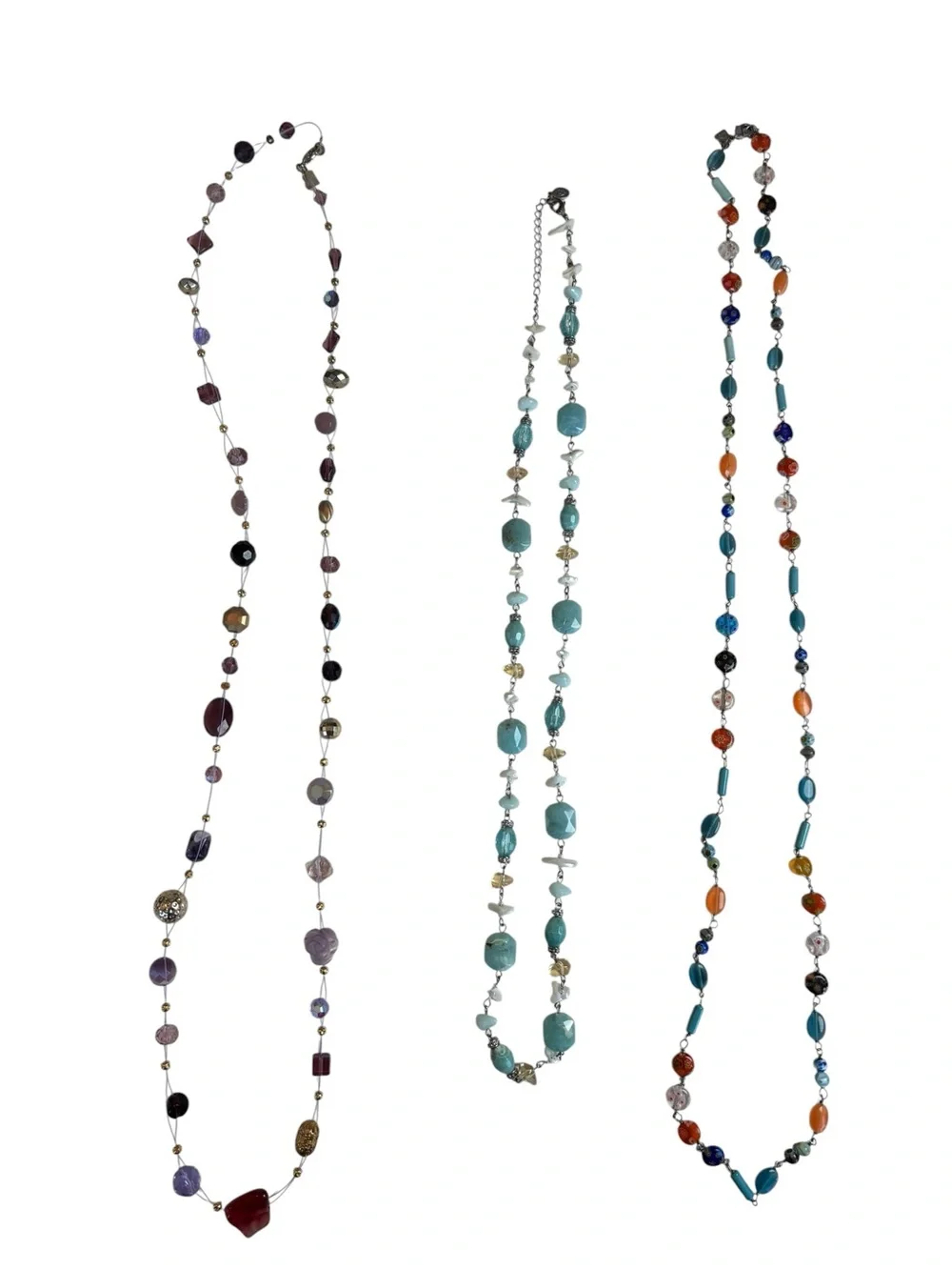 3 Cookie Lee Beaded Necklaces Purple Crystal Aqua Coastal Millefiori Glass